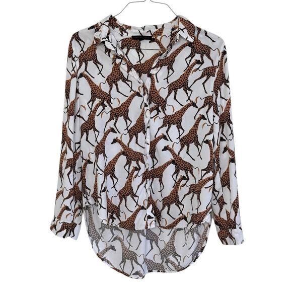 JANE + DELANCEY Giraffe Safari Button Down Long Sleeve Casual Retro Blouse Sz L - Picture 12 of 14